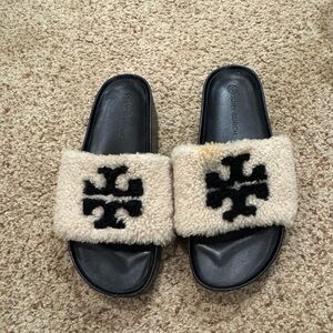 Tory Burch Black and Cream Fuzzy Slides